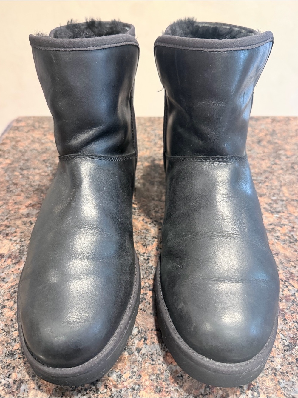 UGG Black Leather Short Shearling Boots